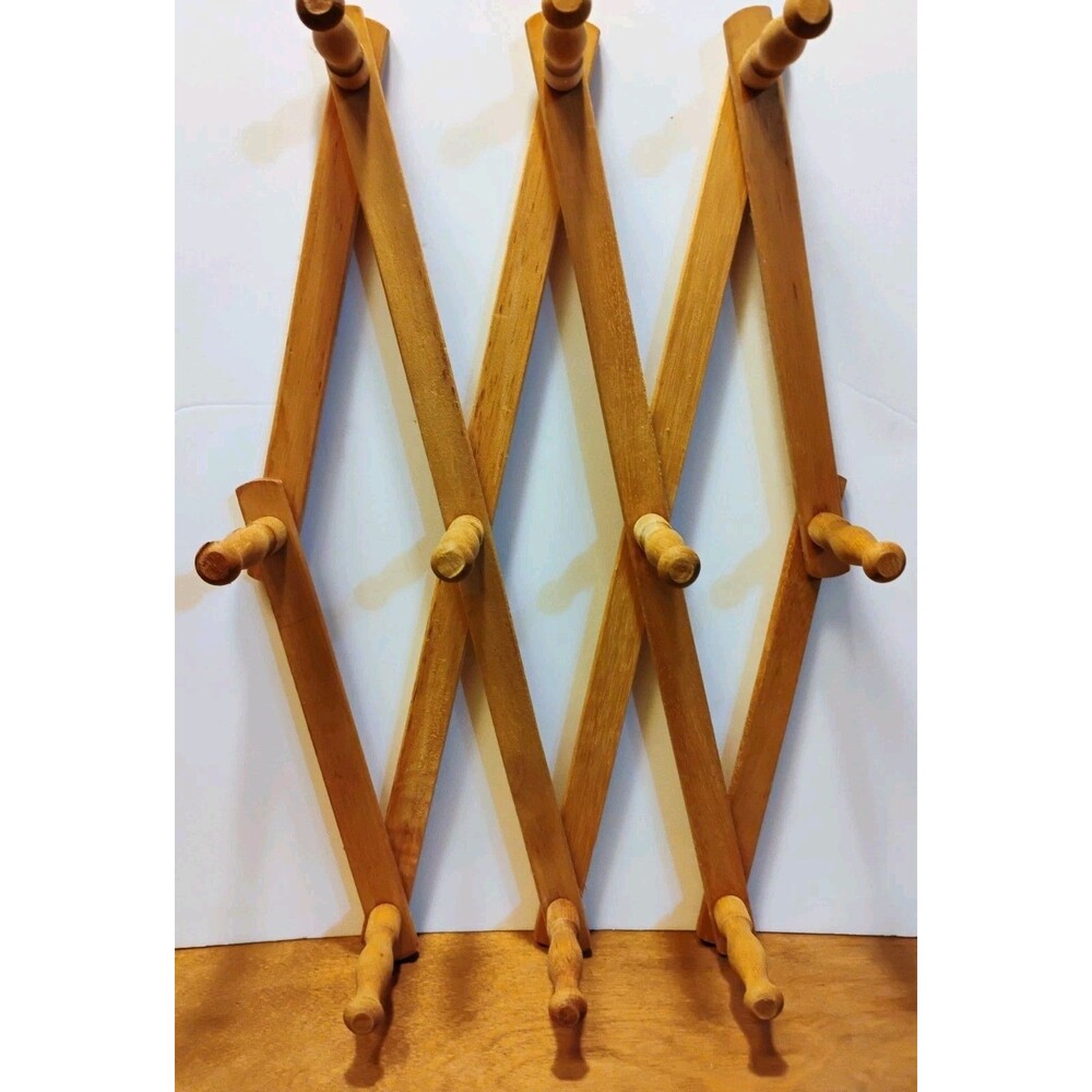 Vintage Wooden Expandable Accordion Wall Coat Rack 10 Peg Hook Hat Coffee Mug